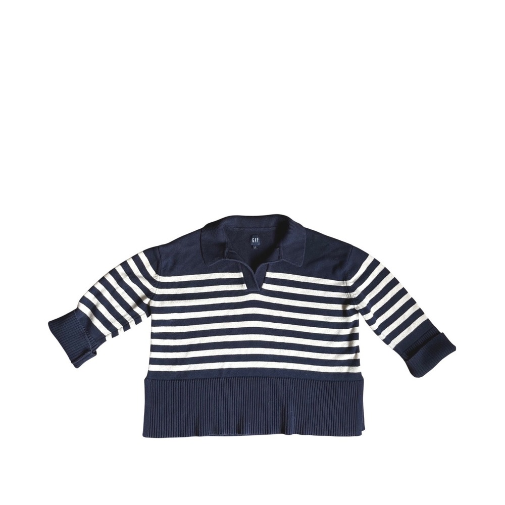 Gap Womens Striped Cotton‎ Polo Collar Sweater L Nautical RibbedBreton Sailor